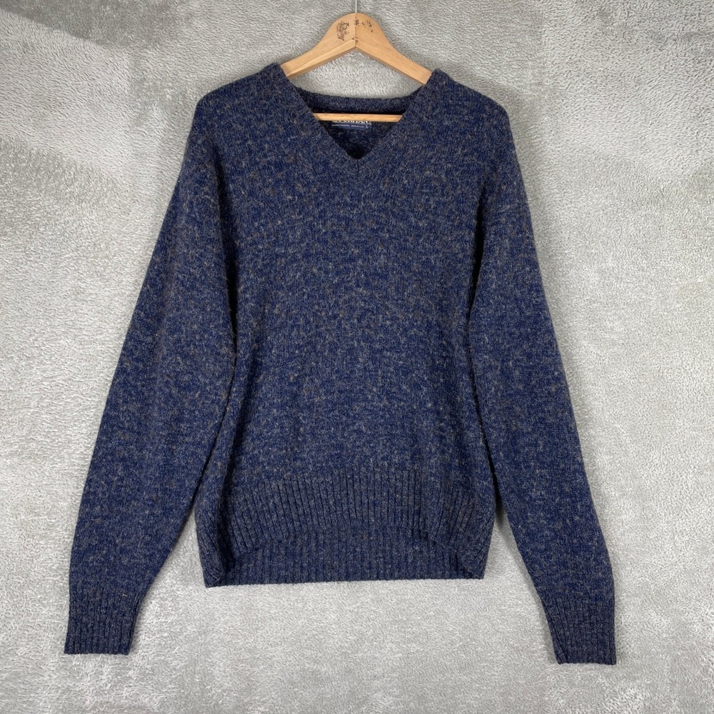 Puritan V Neck Sweater Mens Large Blue Wool Blend Knit Made in USA Vintage